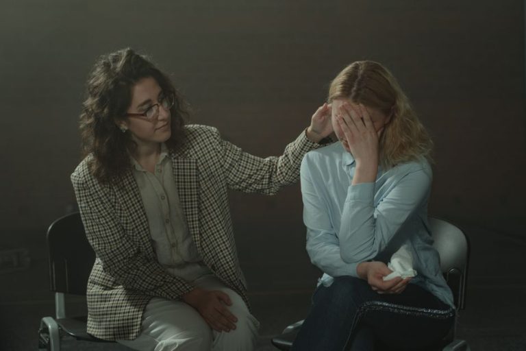 A comforting moment during a support session, highlighting empathy and understanding.