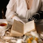 Futuristic setting with a stylish individual enjoying a tea and book moment, highlighting cyberpunk elegance.
