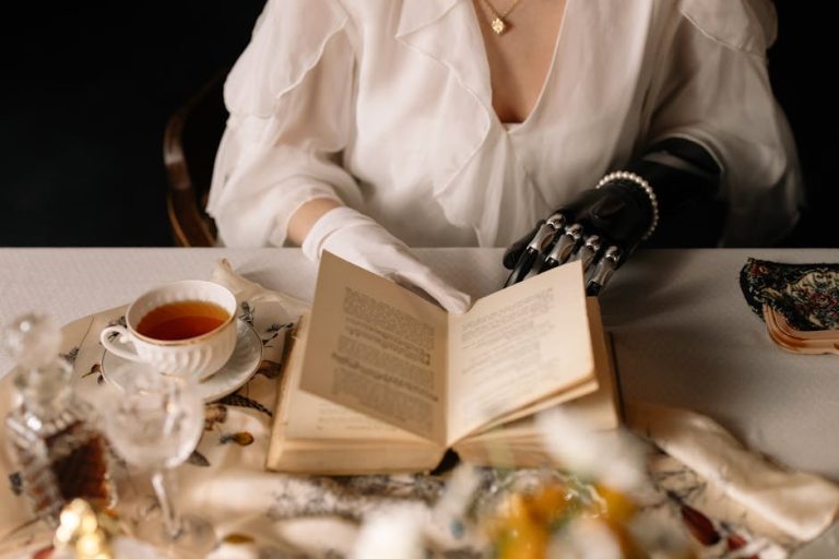 Futuristic setting with a stylish individual enjoying a tea and book moment, highlighting cyberpunk elegance.