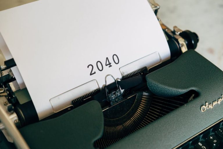 Close-up of a vintage typewriter with a paper showing the year 2040, capturing a nostalgic yet futuristic feel.