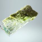 <h1>The Future of Integration: Self-Evolving Soft Robotics in Bioelectronics</h1> 3D render of a glass structure with embedded greenery, symbolizing sustainable technology integration.