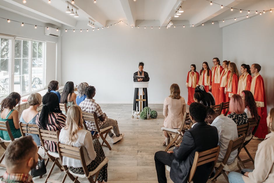 A diverse choir performs indoors under soft lighting. Spiritual atmosphere.