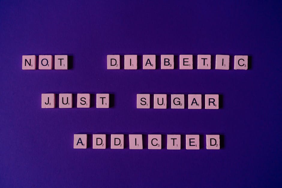 Scrabble tiles spell out a humorous message on a vivid purple background, highlighting sugar addiction.