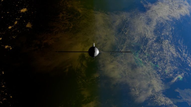 A satellite orbiting Earth showcasing contrasts between ocean and land from space.