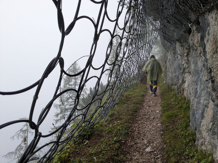 A solitary hiker walks along a misty mountain trail secured with protective netting.