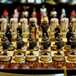 Colorful intricately designed warrior chess set on display in Gaziantep, Türkiye.