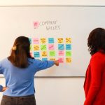 The Strategic Value of Dreaming: Unlocking Scientific Breakthroughs Two women discussing company values on a whiteboard in an office setting, emphasizing teamwork.