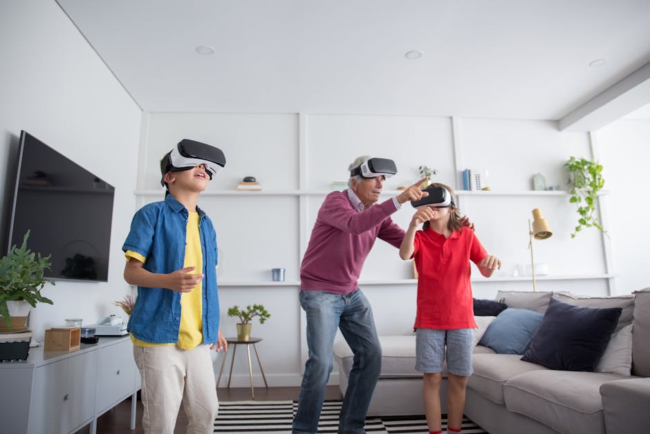 Grandfather and grandchildren bonding over VR gaming in a modern living room.