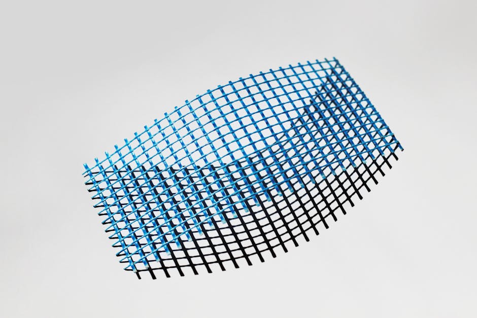 Dynamic abstract grid with blue and black colors on a white background.