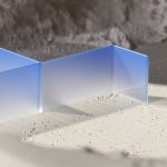 A conceptual 3D rendering of a blue geometric structure against a textured backdrop.