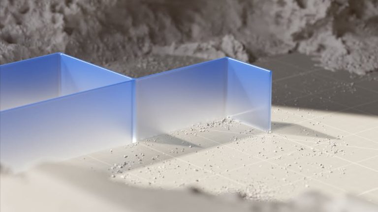 A conceptual 3D rendering of a blue geometric structure against a textured backdrop.