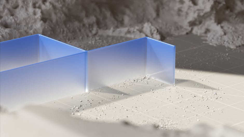 A conceptual 3D rendering of a blue geometric structure against a textured backdrop.
