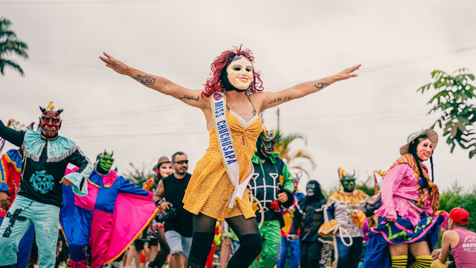 Vibrant carnival with performers in colorful costumes and masks in San Martín, Perú.
