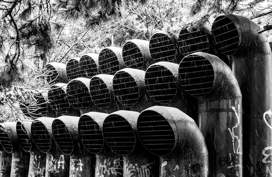 Snow-covered industrial pipes with graffiti, set in a forested area, depicted in black and white.