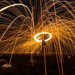Captivating steel wool photography showcases vibrant spark trails and motion at night.