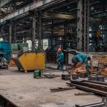 Workers in a metal workshop engaged in active construction and welding tasks.