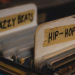 Vinyl records categorized under 'Jazzy Beats' and 'Hip-Hop' in a vintage collection.