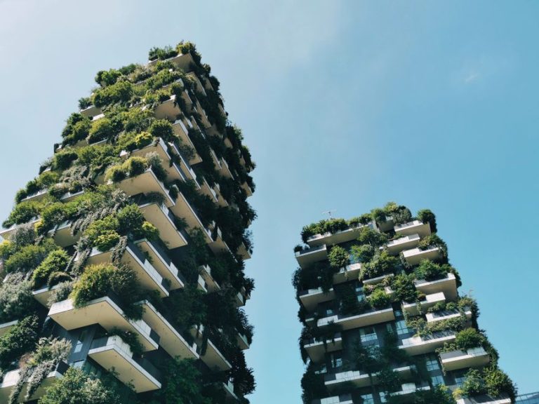 Modern vertical forest architecture at Bosco Verticale in Milan, Italy.