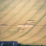 Intriguing aerial shot of a crop circle in a vast farm field with people exploring.