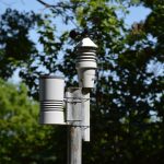 Close-up of an anemometer and weather device on a sunny day outdoors.