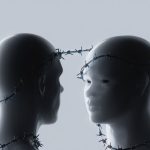 Two stylized human figures connected by barbed wire symbolizing emotional connection.