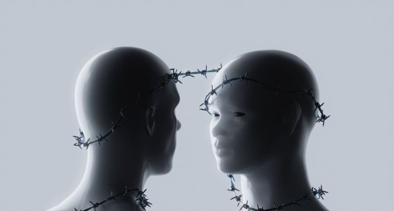 Two stylized human figures connected by barbed wire symbolizing emotional connection.