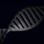 Artistic rendering of a DNA strand with particle effects against a dark background.