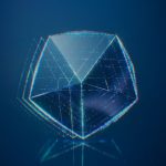 Holographic Data Visualization: The Future of Decision Making A digital rendering of a futuristic, abstract geometric shape on a blue gradient background.