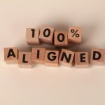 Wooden blocks spelling '100% Aligned' on a neutral background, conveying precision and alignment.