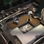 Tiny CSI figures conduct an investigation on a CPU, blending technology with creativity.