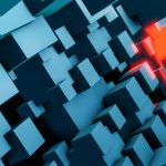 Dynamic abstract composition of 3D cubes in blue and orange, showcasing geometric depth and vibrant color contrast.