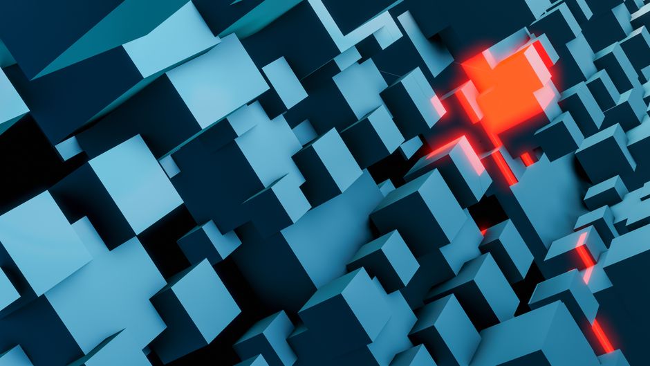 Dynamic abstract composition of 3D cubes in blue and orange, showcasing geometric depth and vibrant color contrast.