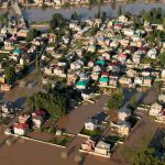 Aerial view showing extensive flooding in an urban area of Kashmir, India.