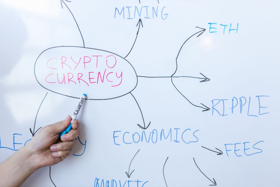 Hand writing cryptocurrency concepts on whiteboard in business meeting.