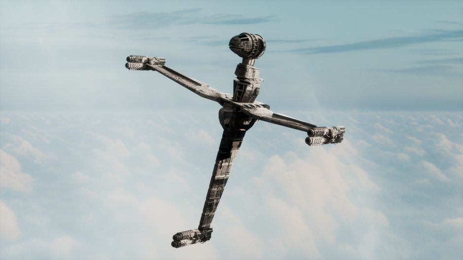 A futuristic spaceship floating above a sea of clouds showcasing modern design.