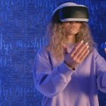 Memory Augmentation: The Next Frontier of Executive Performance A woman experiencing virtual reality gaming with VR headset in a modern tech setting.