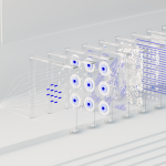 Visual abstraction of neural networks in AI technology, featuring data flow and algorithms.