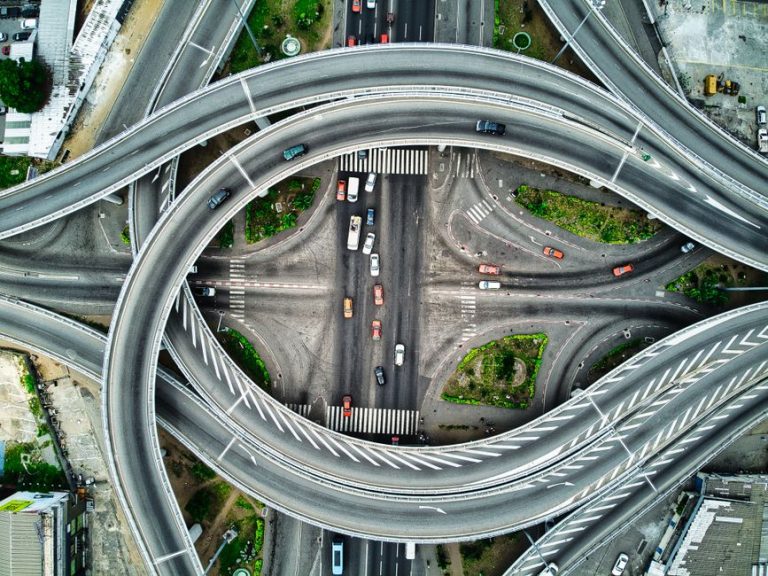 Drone shot of a complex highway interchange in Abidjan, showcasing modern urban infrastructure.