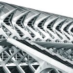 Dynamic black and white shot of Valencia's Science Museum showcasing modern architectural design.