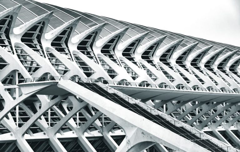 Dynamic black and white shot of Valencia's Science Museum showcasing modern architectural design.