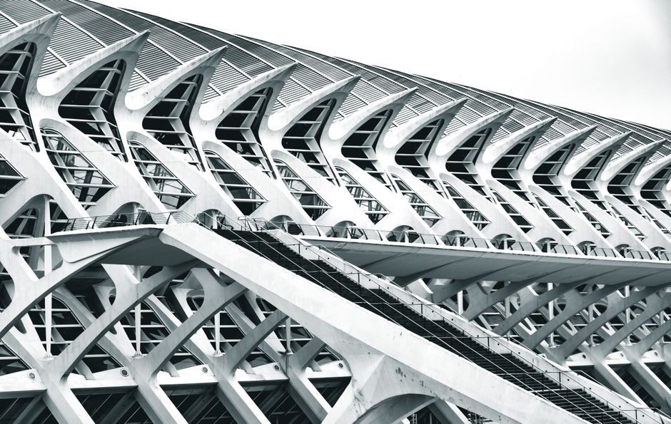 Dynamic black and white shot of Valencia's Science Museum showcasing modern architectural design.