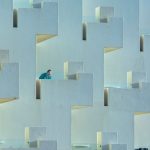 Modern architectural facade with minimalist balconies and geometric patterns in Lanzarote.