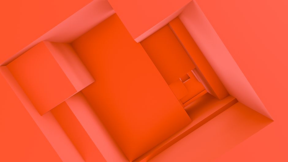 A modern abstract 3D render featuring geometric shapes in vivid orange tones.