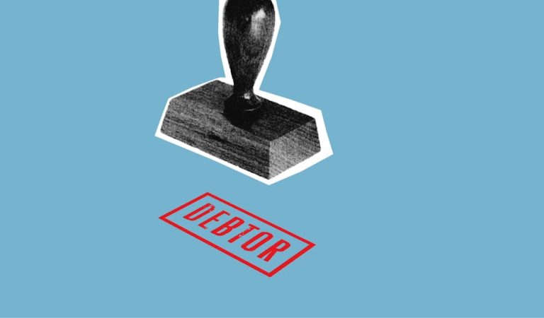Decorative cardboard composition of stamp with Debtor title under black seal on blue background
