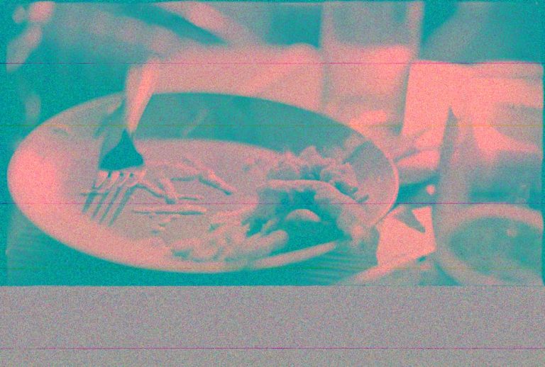 Grainy artistic image showing an empty meal plate with a fork, capturing the essence of finishing a meal.