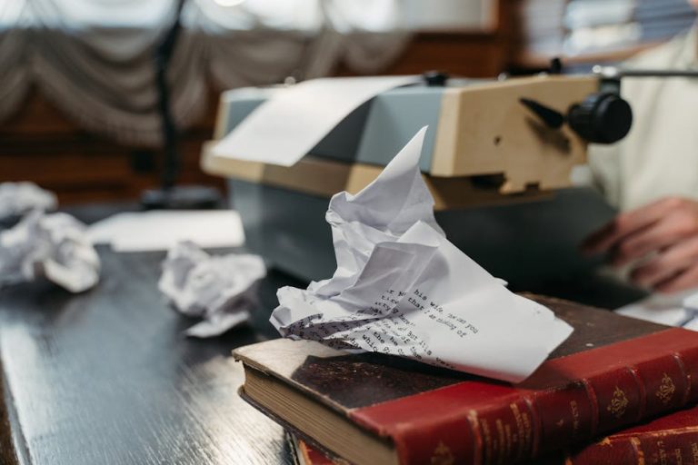 Close-up of a vintage typewriter with crumpled paper and books on a wooden desk.