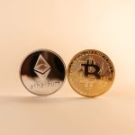 Close-up of Bitcoin and Ethereum coins symbolizing digital currency and blockchain technology.