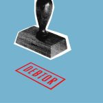 Decorative cardboard composition of stamp with Debtor title under black seal on blue background