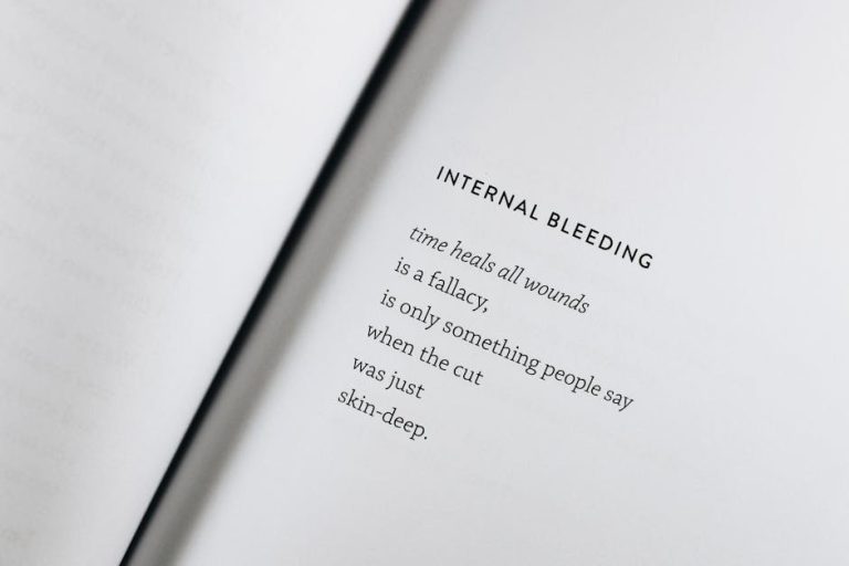 A black text poem on an open white page capturing the essence of healing and reflection.