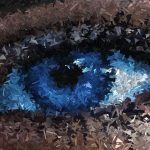 Abstract geometric mosaic design of an eye with rich blue and brown tones.